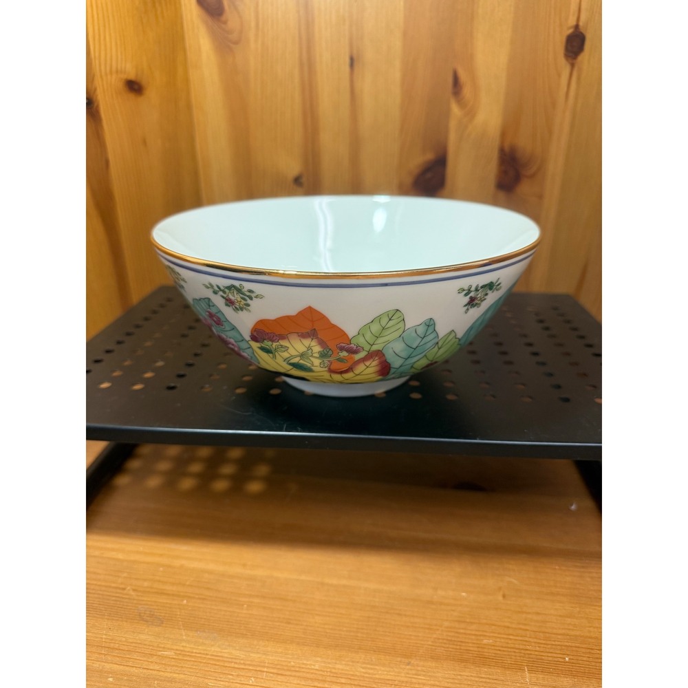 Vintage Japanese Porcelain Bowl Hand Painted Tobacco Leaf Floral Gold Rim